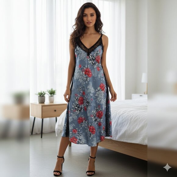 EXPRESS Romantic Blue Floral Lace Trimmed Slip Dress Size 2 - Picture 1 of 8